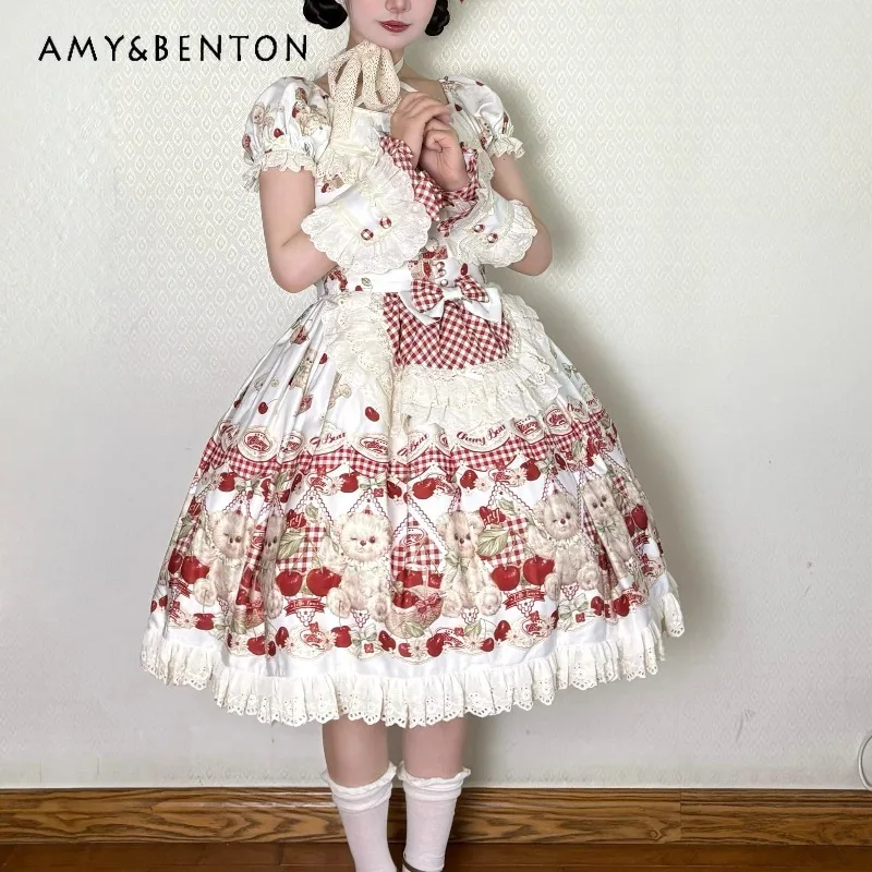 Urocza sukienka Lolita z nadrukiem, w stylu słodkiej dziewczyny, księżniczki, na co dzień, oryginalna, urocza, z kokardą, bufiastymi rękawami, wiązana na szyi, dopasowana mini sukienka, sukienki wieczorowe.