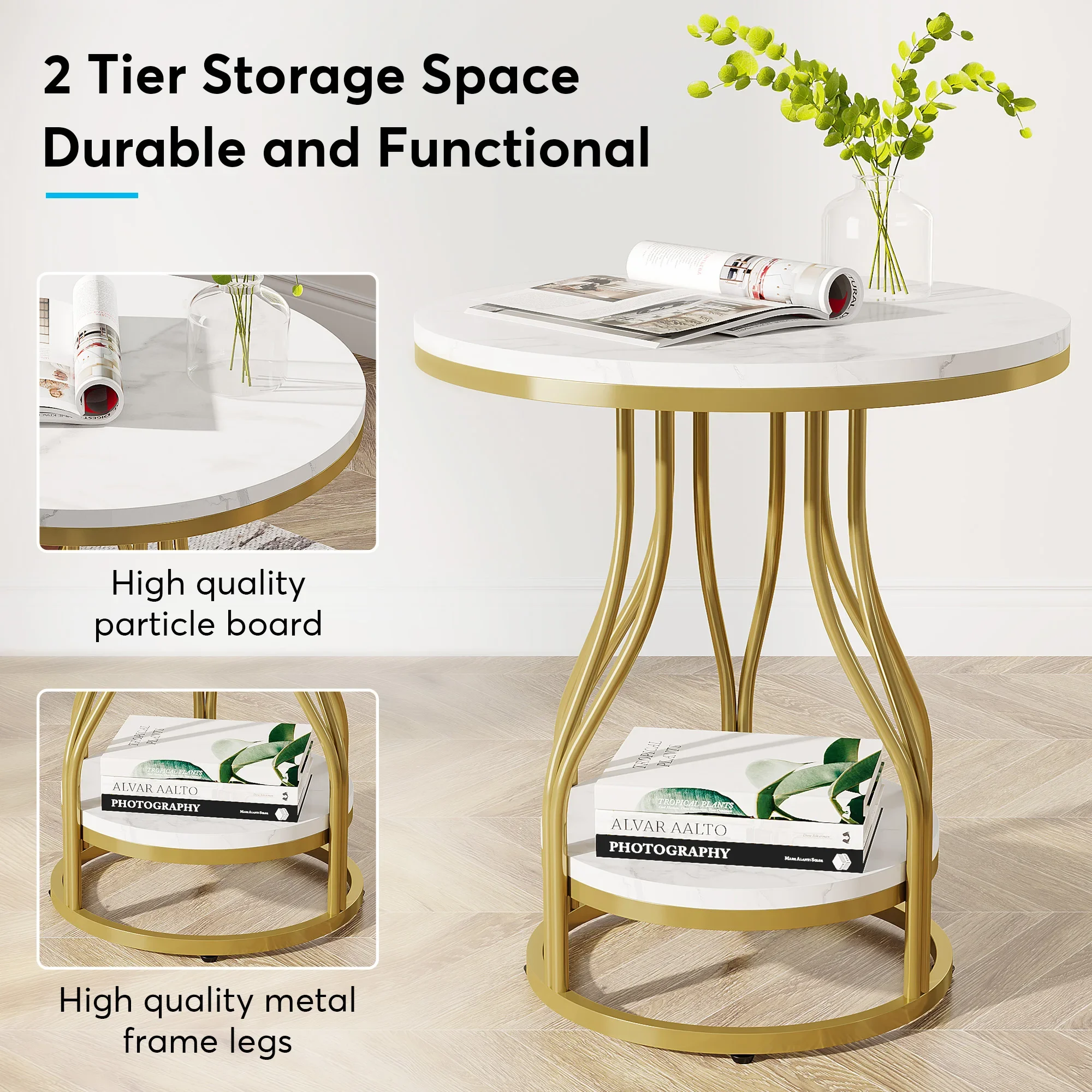 Tribesigns Round Side Table White Gold End Table 2-Tier End Table Modern Bedside Small Side with Storage for Couch S