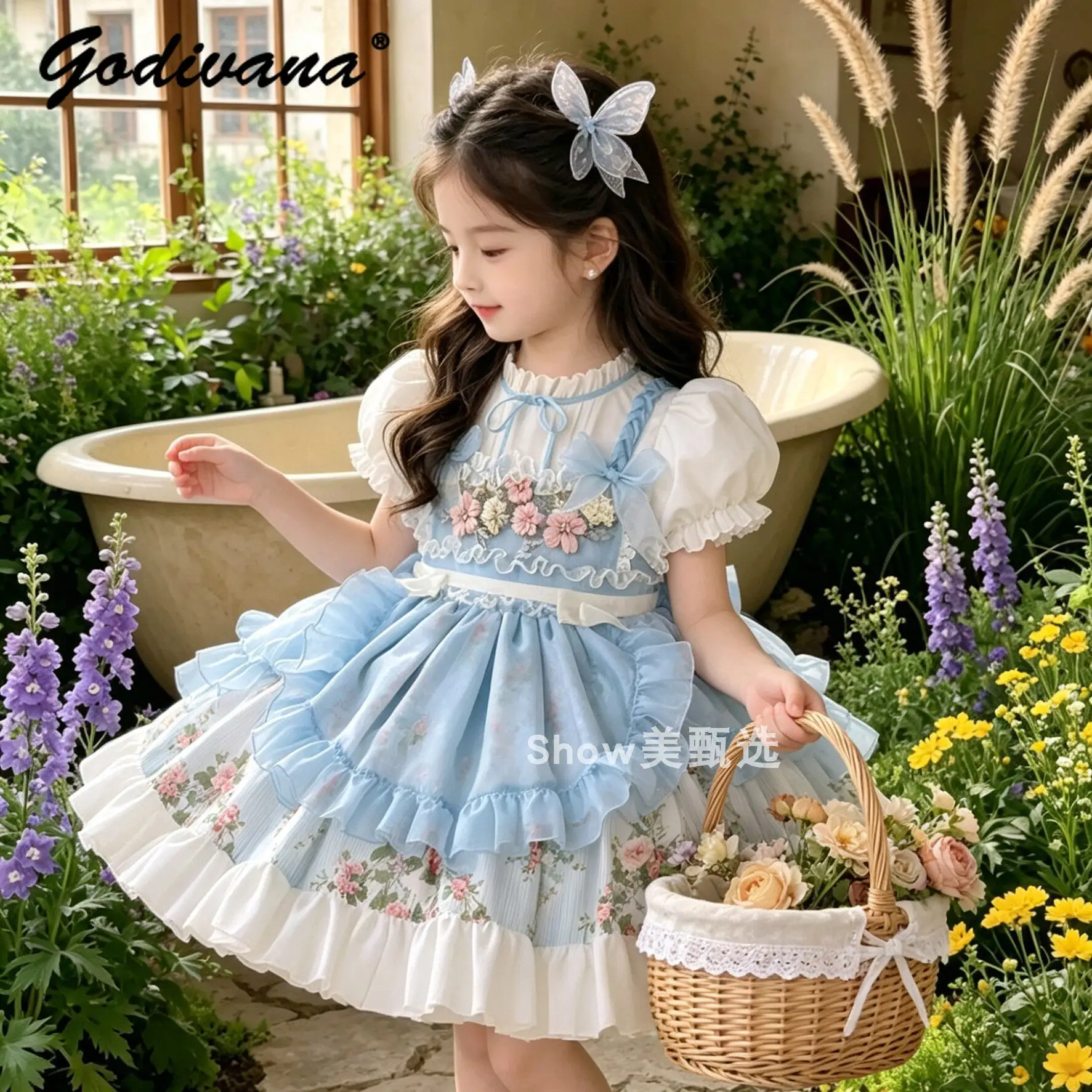 Baby Girls Sweet Lolita Princess Dress Kids 3D Floral Print 2026 Summer New Blue Bubble Sleeve Bow Tulle Patchwork Tutu Dresses