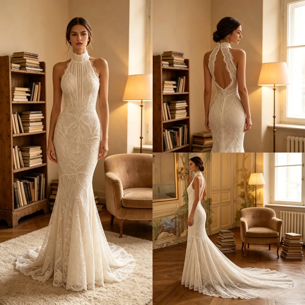 Customized Elegant Halter Lace Slimming Wedding Dress 2026 Light Luxury Strap Tailored Mermaid Bridal Gown Suitable for Parties