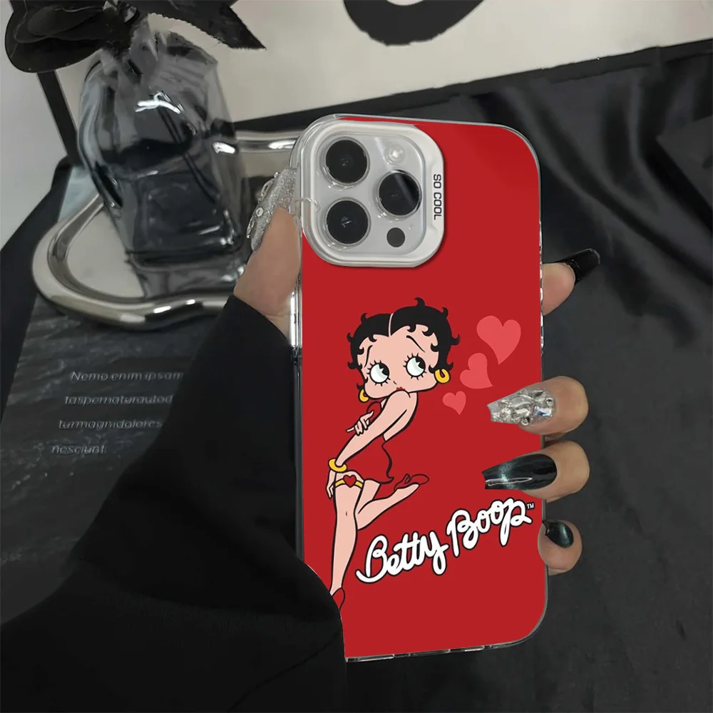 Cartoon B-B-Bet-ty-Cute-Boop Phone Case For iPhone 16 12 13 14 15 Pro Max Plus Color Electroplated Silver IMD Laser Cover