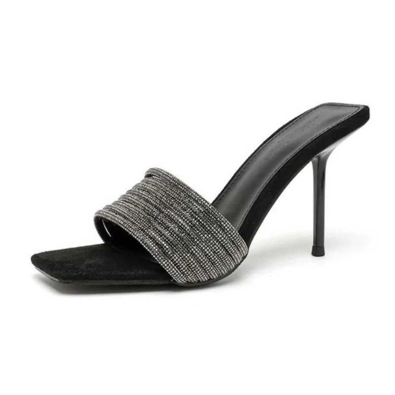 

Female High Heeled Slippers Summer Outside 2026 New Sandals Women Thin Heel Rhinestone Women's Cool Slippers High Heels Women