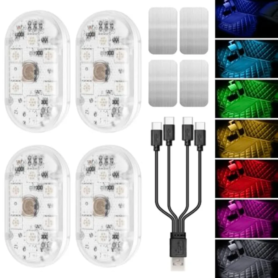 

В наличии: Беспроводные светодиодные светильники для салона автомобиля, 4 шт., 7 цветов, подсветка под приборную панель, сенсорные беспроводные светодиодные лампы для автомобиля, перезаряжаемые.