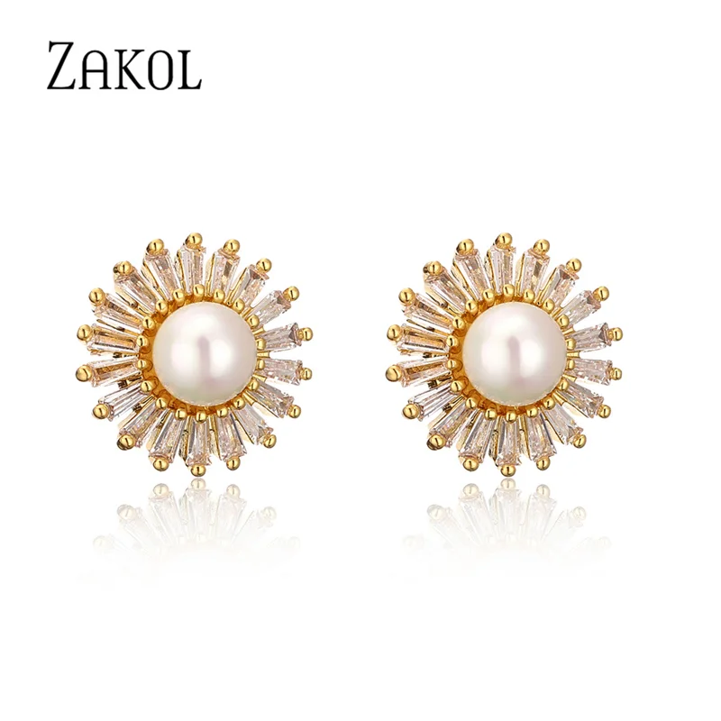 ZAKOL Elegant Imitation Pearl Stud Earrings for Women Wedding Engagement Jewelry Shiny CZ Flower Shape Timeless Female Earring