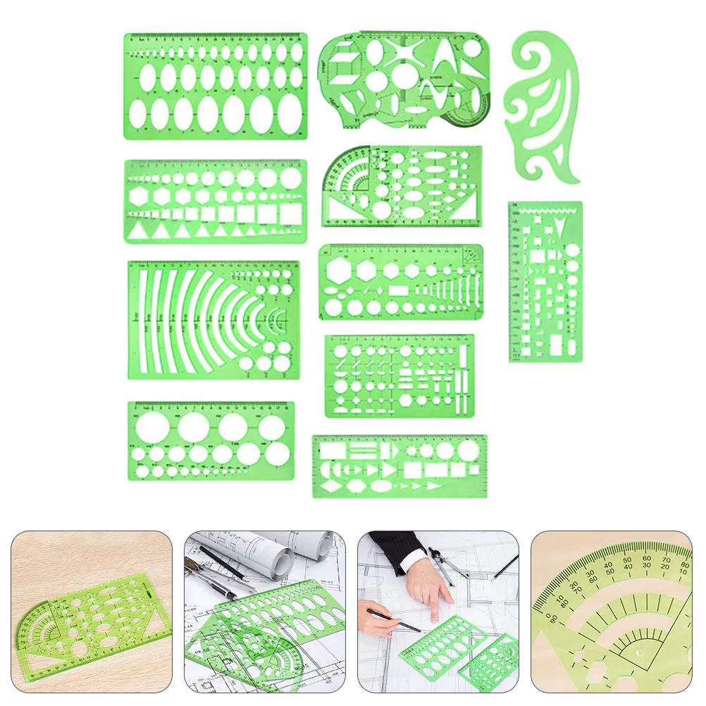مجموعة قوالب رسم مكونة من 11 قطعة مسطرة قياس بلاستيكية خضراء للطلاب استنسل هندسي أدوات اللوازم المدرسية