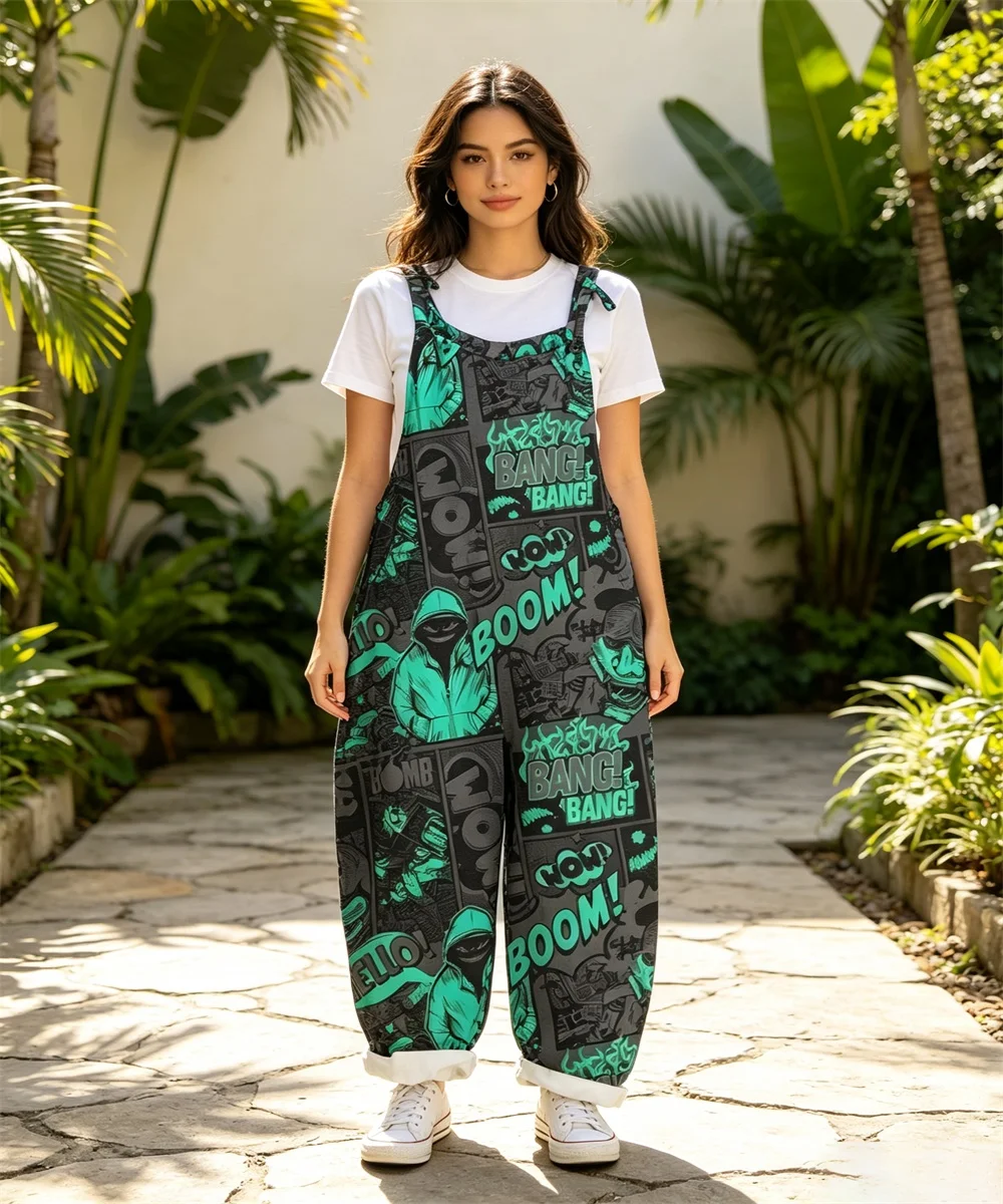 2026 Summer New Women's American Retro Comic Split Graffiti Printed Comfortable jumpsuit, off shoulder sleeveless loose jumpsuit