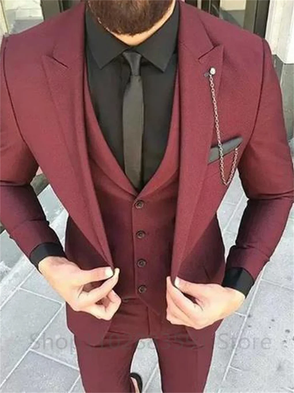 3 Pieces Burgundy Men\'s Suits Slim Fit Jacket Vest Pants Peak Lapel Wedding Formal Groom Blazer Tuxedos Terno Wear Business