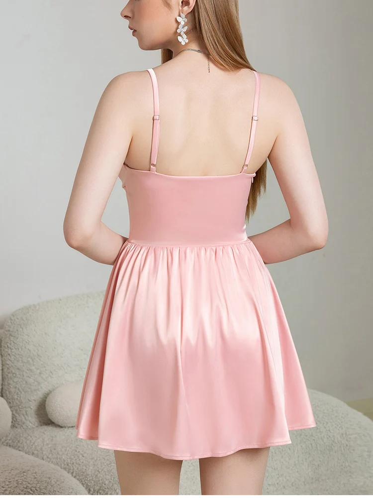 뉴아시아 여성용 섹시 새틴 미니 드레스 민소매 브이넥 슬립 드레스 얇은 스트랩 백리스 A라인 플리츠 파티 클럽웨어 여름용