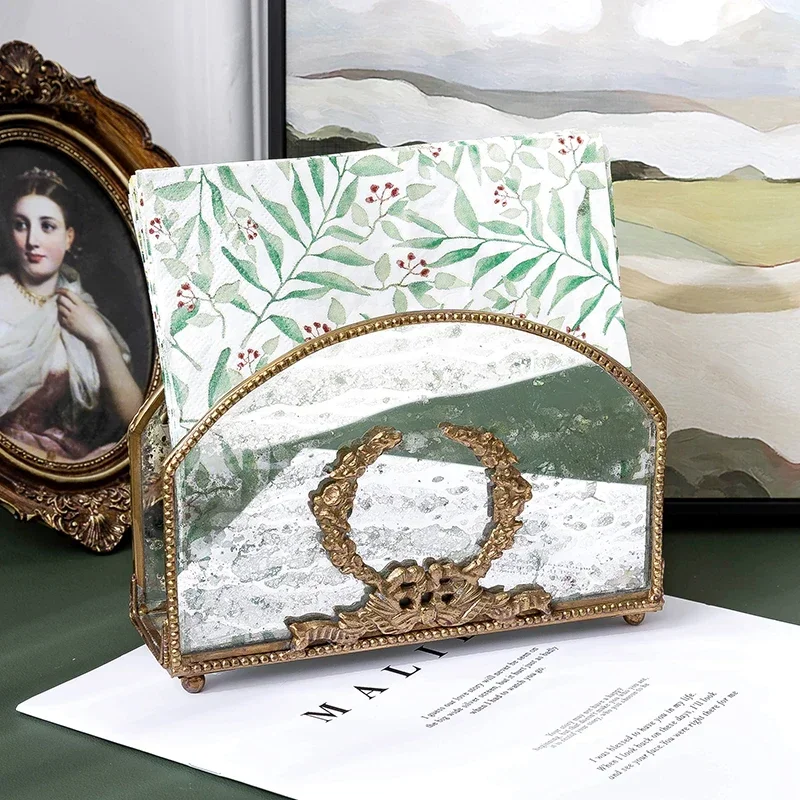 European Vintage Tissue Rack Retro Brass & Glass Napkin Organizer Anti-Oxidation Decorative Multi-Scene Paper Holder - view 3