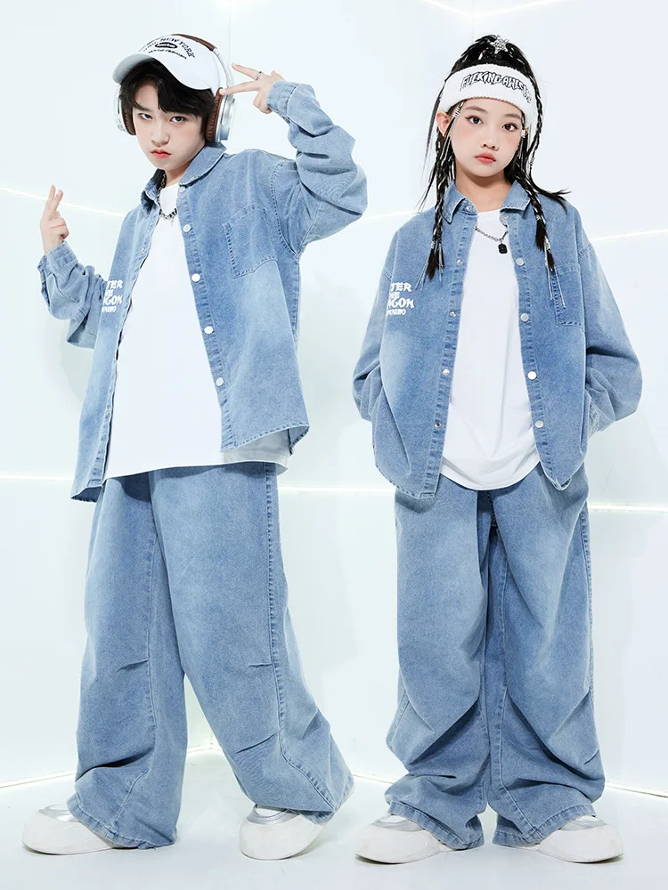 Girls Hip Hop Denim Coat Jeans Street Dance Loose Pants Boys K-pop Streetwear Jacket Child Teens Jazz Clothes Sets Kids Costumes