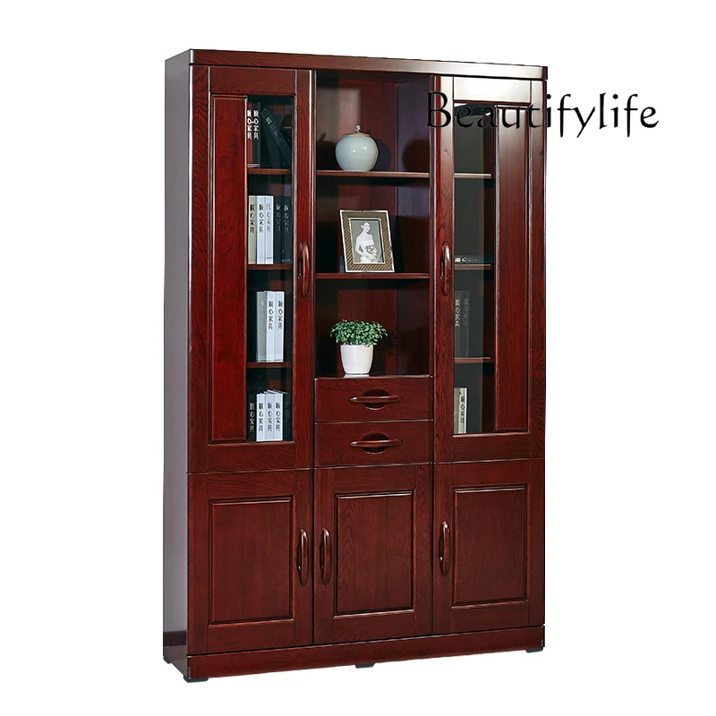

Solid wood bookcase with door dustproof Chinese floor-to-ceiling two-door bookcase locker integrated against the wall