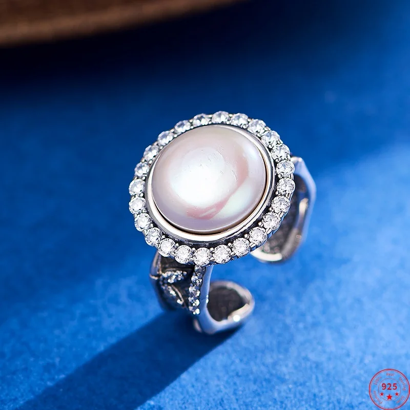 

S925 Sterling Silver Rings for Women Men Retro Pattern Inlaid Freshwater Pearl Micro Zircon Fashion Punk Jewelry Wholesale