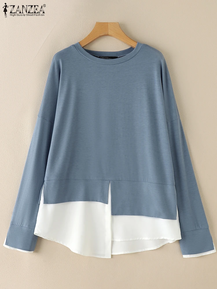 

ZANZEA Simple Patchwork Side Slits Jumper Autumn Women Sweatshirts 2024 Casual Long Sleeve Tops Holiday Fake 2PCS Thin Pullover