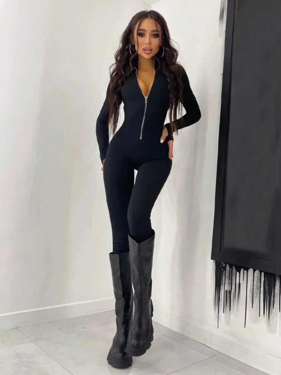 

Zipper Waist Yoga Jumpsuit High Waist Street Sle Polyester Long Pants Constricting Waist Suit for Women