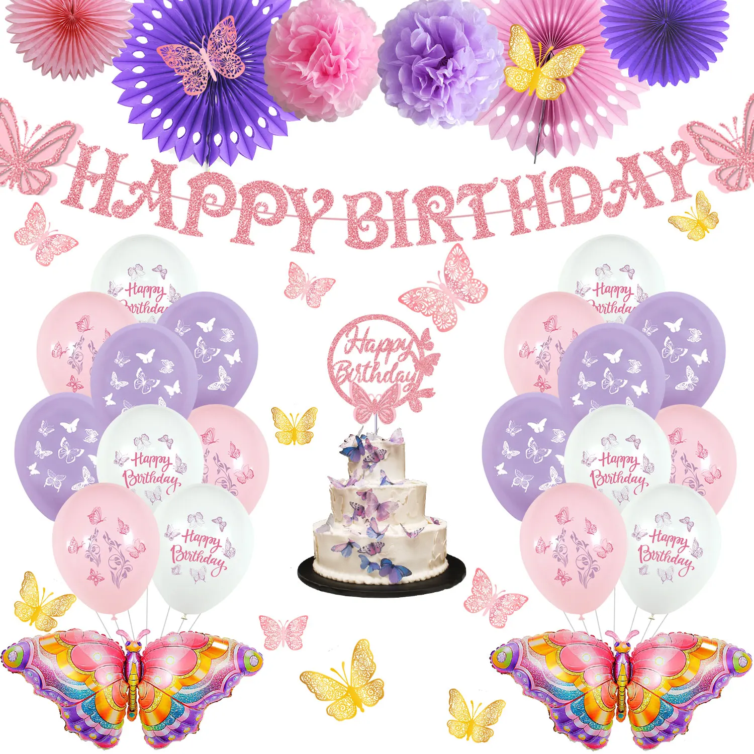 

JOYMEMO Butterfly Themed Birthday Party Decoration Set for Girls Pink Glitter Butterfly Banner Balloons Paper Fans and Stickers