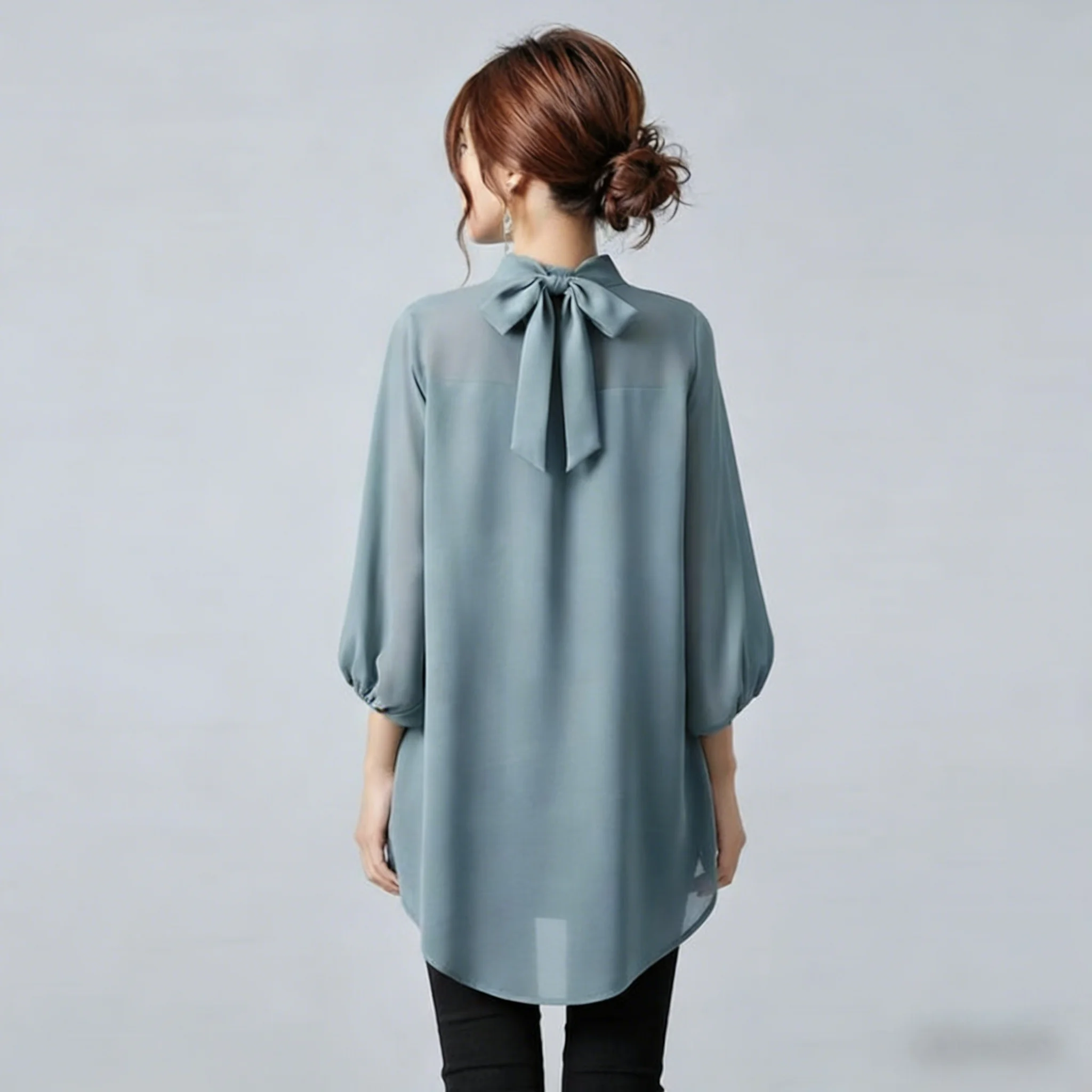 Elegant Style Summer 2026 Loose Fit  Knot Stand Collar Tailored Chiffon Top Women's Fashion Polyester Fiber
