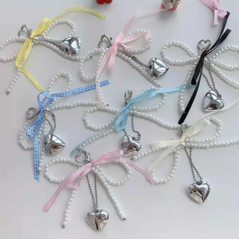 Lovely Delicate Pearls Heart Bowknot Keychain Mobile Phone Pendant Headphone Case Keyring Backpack Decoration Accessories Gifts