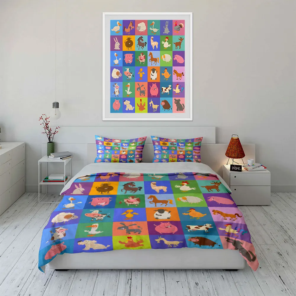 Cartoon Farm Animal Theme Puzzle Bedding Set for Kids Luxury Gift 3pcs Digital Print Comforter Set Soft Comfortable Breathable