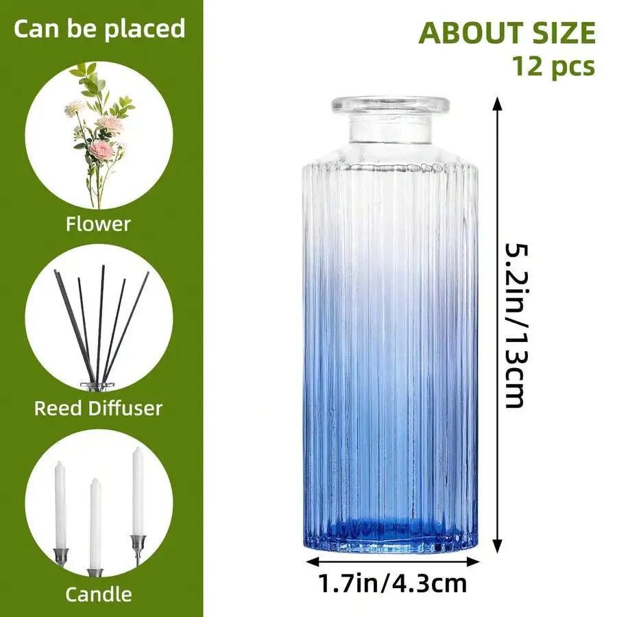Tomnk 12/24/36pcs Gradient Blue Nordic Stripe Pattern Small Vases - Textured Glass Flower Vases Set, Mini Bud Vases For Fresh Flowers, Dried Pampas Grass, Home Shelf, Tabletop, Office Desk Decor