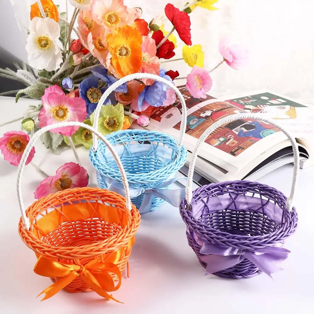 Imitation Rattan Round Small Flower Basket Pink/Purple/Orange/Blue/Yellow with handle Woven Hand-held Flower Basket Decorative