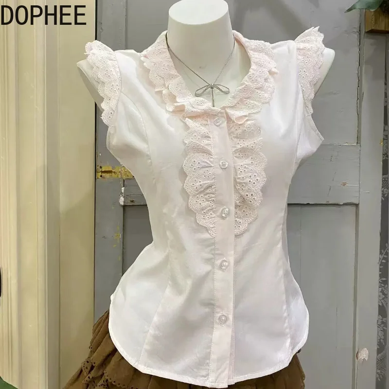 Japanese Sweet Fly Sleeve Pink Princess Shirts Elegant Lace Embroidery Slimming Basic Top Peter Pan Collar Short Sleeve Blouses
