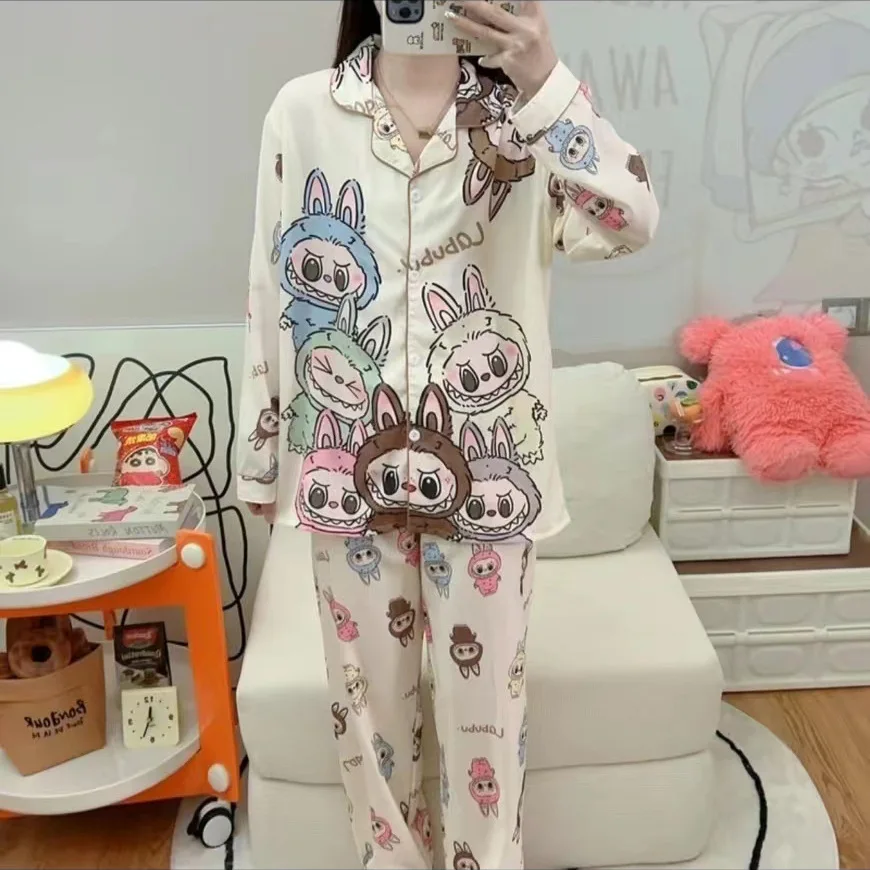 Cartoon Labubu New Pajamas Ladies Spring and Autumn Long Sleeve Suit High Sense Cartoon Fun Cardigan Home Clothes Women