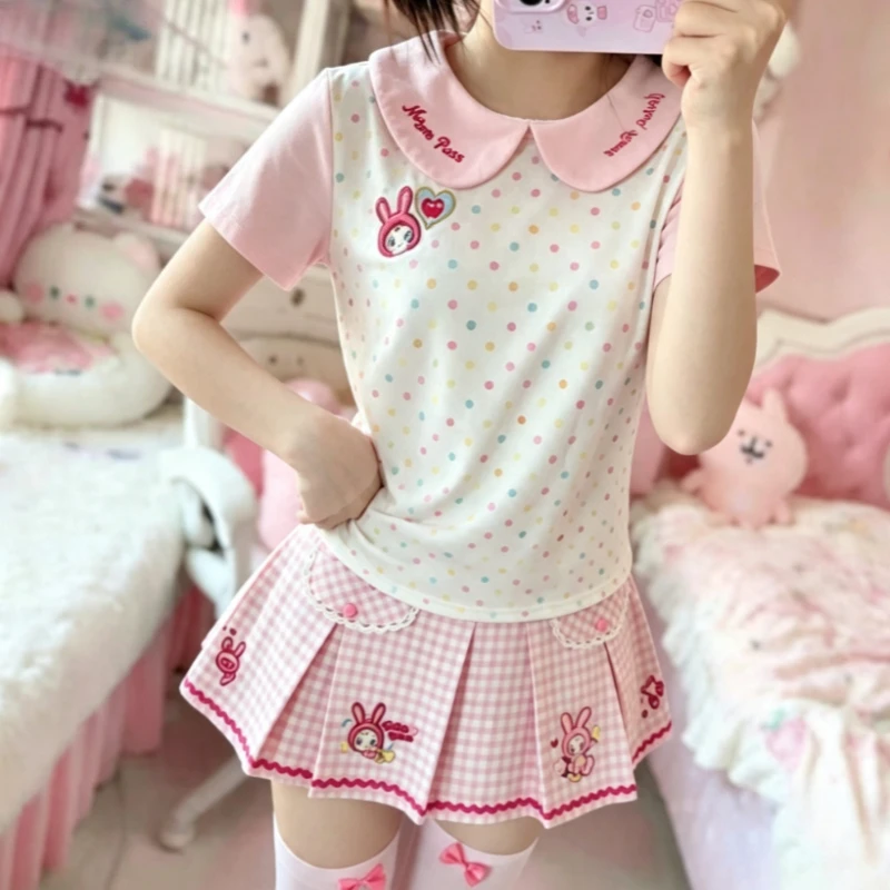 Kawaii Harajuku Y2K Women Japanese Lolita 2 Piece Matching Set Sweet Bow Cat Print Tee Cute Tiered Cake Mini Skirt Casual Outfit