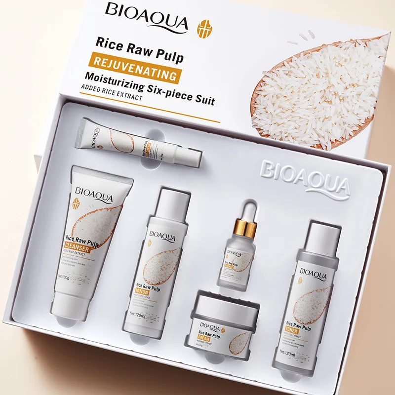 BIOAQUA 6pcs/set Rice Raw Pulp Skin Care Sets Face Cream Serum Anti wrinkle Moisturizing Facial Cleanser Toner Korean Face Care