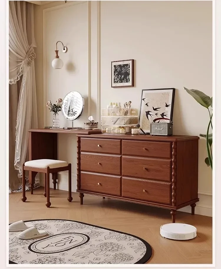 A  French medieval style all solid wood dresser chest cabinet integrated retractable corner makeup table