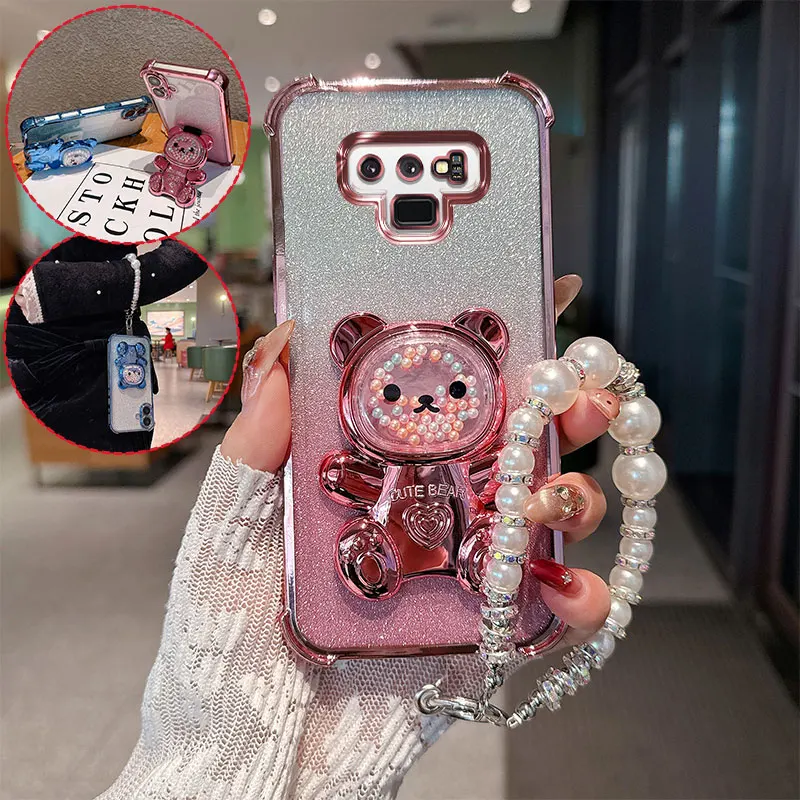 Urocze etui na telefon z motywem misia, z perłowym sznurkiem, odporne na wstrząsy, brokatowe, do Samsung…