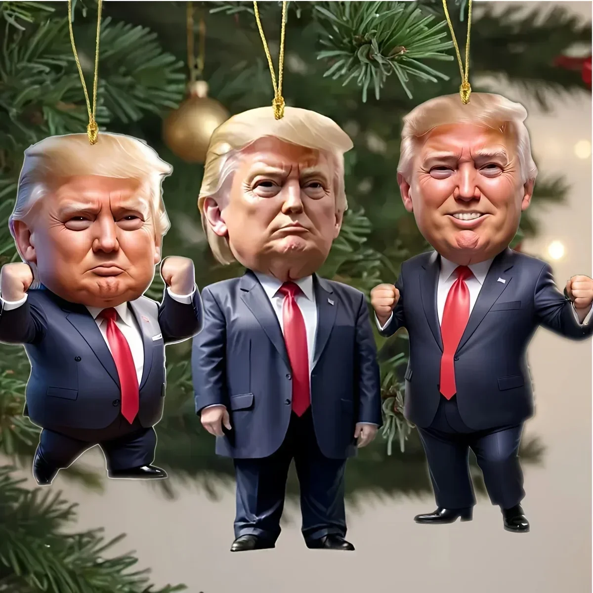 3PCS Great Trump-Inspired Acrylic Christmas Ornaments Shiny Car and Tree Decorations Christmas Tree Pendant Holiday Gift