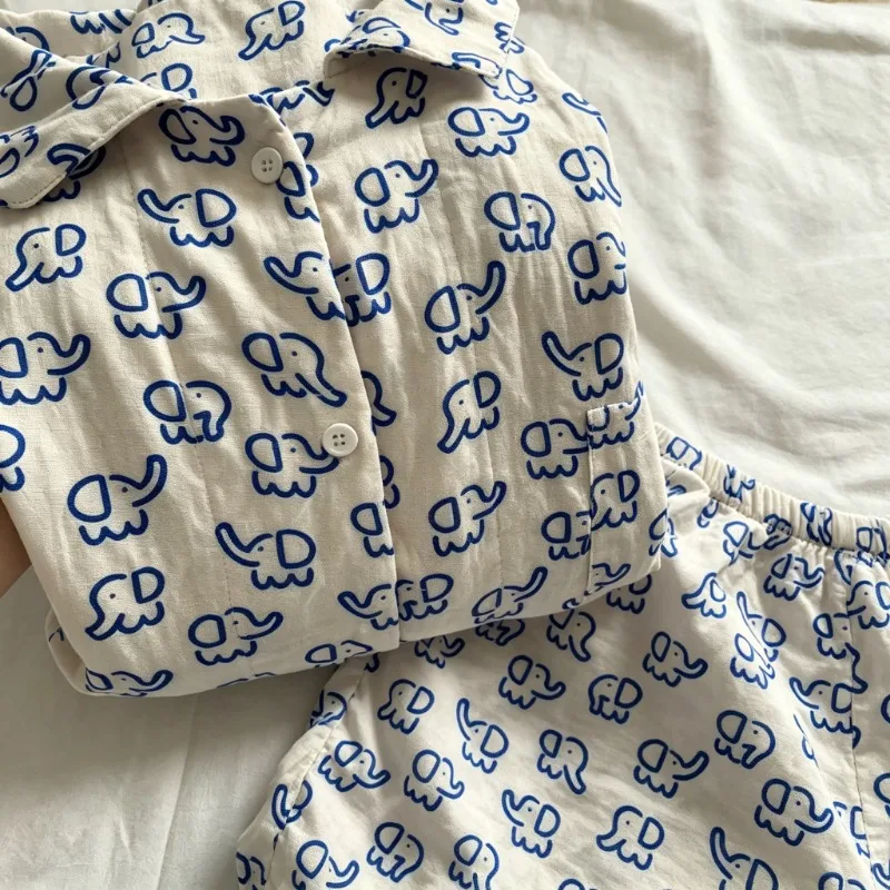 Cute Women Summer 2Pcs Pajama Set Elephant Print Lapel Neck Button Top Long Pants Homewear Casual Ladies Sleepwear Loungewear