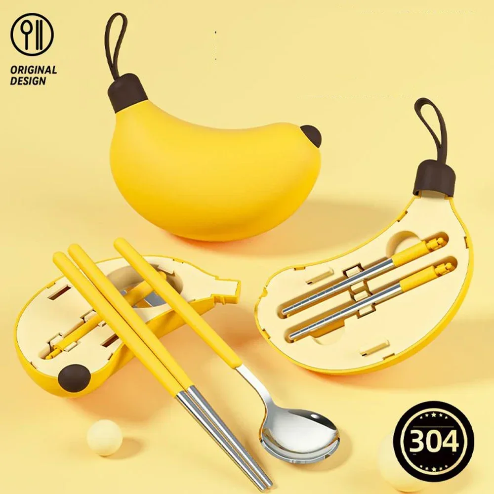 

Portable Folding Tableware 3-Piece Set 304 Stainless Steel Chopsticks Spoon Primary School Banana Storage Box