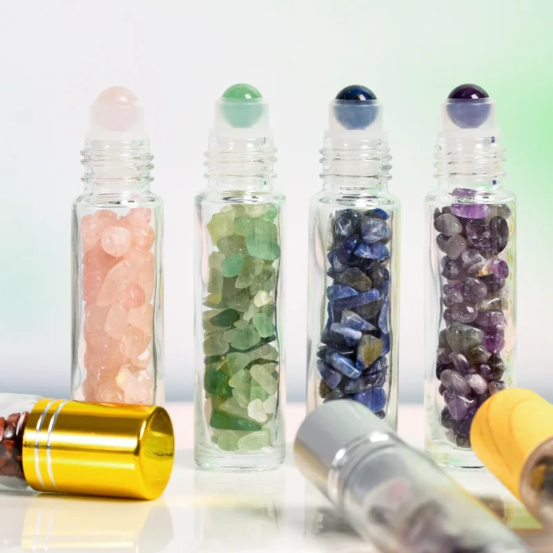 Bestseller 10ml Wood Grain Cap Essential Oil Roller Bottle  Perfume Refillable Bottle  Crystal Stone Decorative Roll-On Bottle