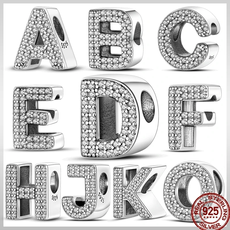 925 Sterling Silver 26 Letter Silver Series Shiny Zircon Lucky Letter Beads Charm Suitable For Pandora Original Bracelet