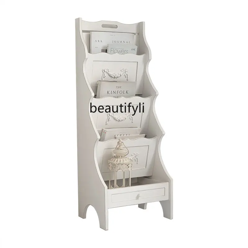 yj European-Style White Magazine Rack Floor Storage Rack Carved Vintage Book Shelf Newspaper Storage Rack