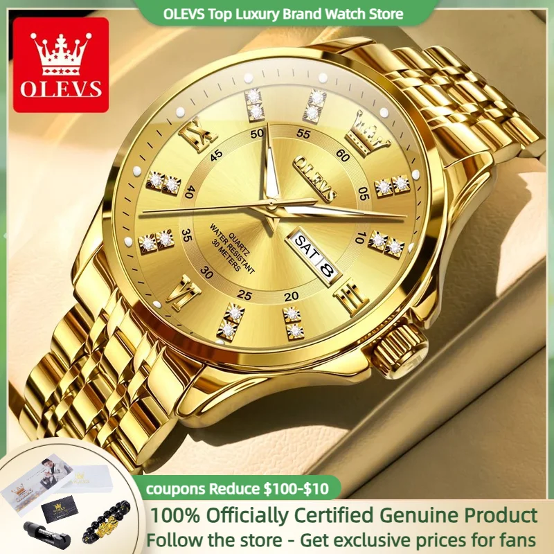 OLEVS Original Quartz Watch for Men Diamond Scale Dual Calendar Display High Quality Stainless steel Business Leisure Watch Men