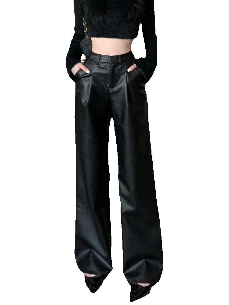 Black Y2k Leather Women High Waist Elegant Casual Baggy Female Korean Fashion Straight Wide Leg Pants Winter 2024