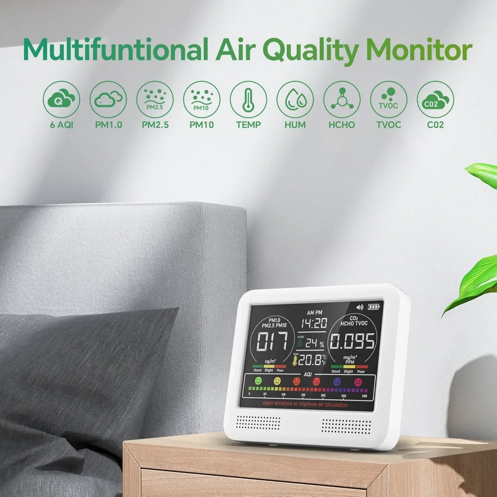 Monitor della qualità dell'aria 16 in 1 per interni con allarme acustico 7AQ, monitor CO2, rilevatore della qualità dell'aria con PM1.0 PM2.5 PM10 |   Temperatura HU