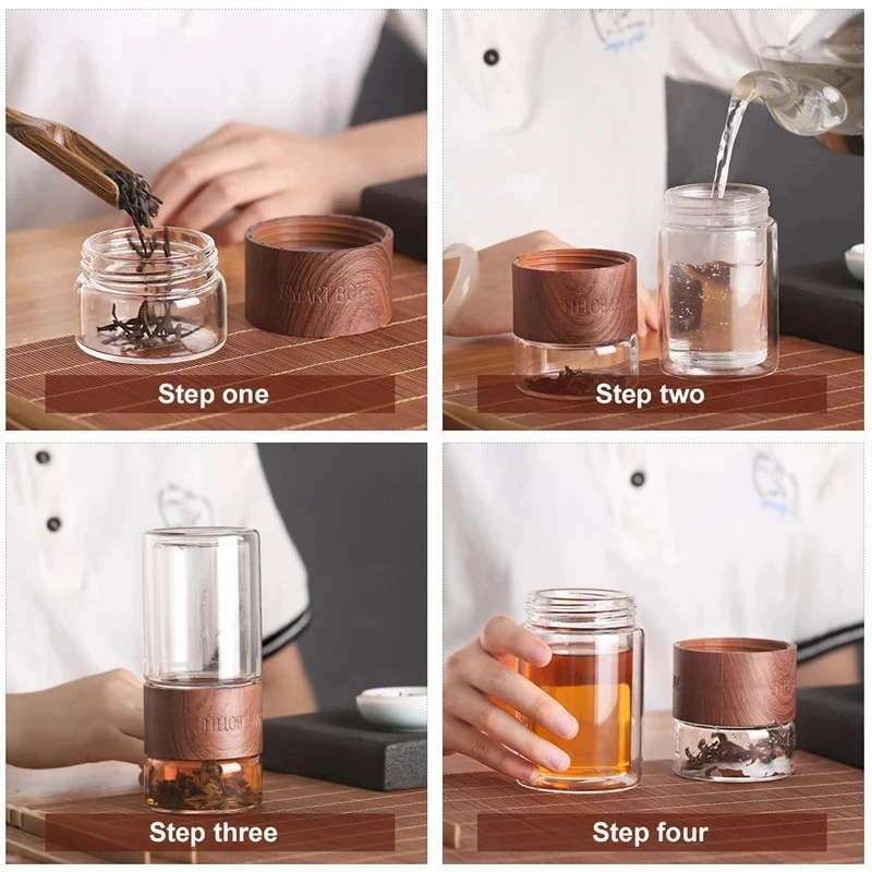 YOMEEI 240ML Tea Water Bottle Travel Drinkware Portable Double Wall Glass Tea Infuser Tumbler Stainless Steel Tea Filters