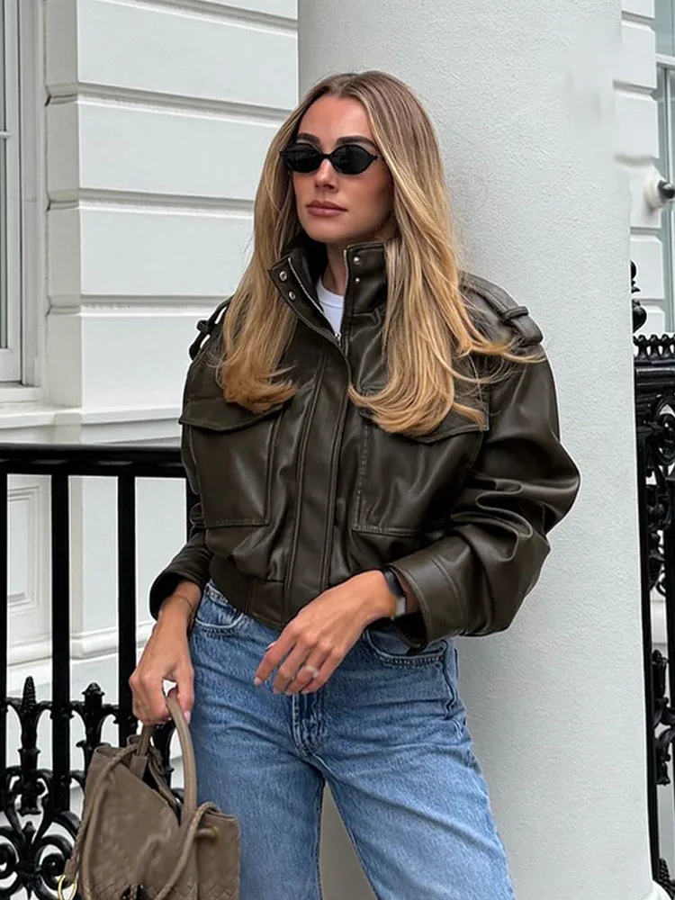 HH 2025 Cappotti moda autunno donna Solido collo alto maniche lunghe Tasche Decorazione Cerniera Giacca stile Streetweer femminile