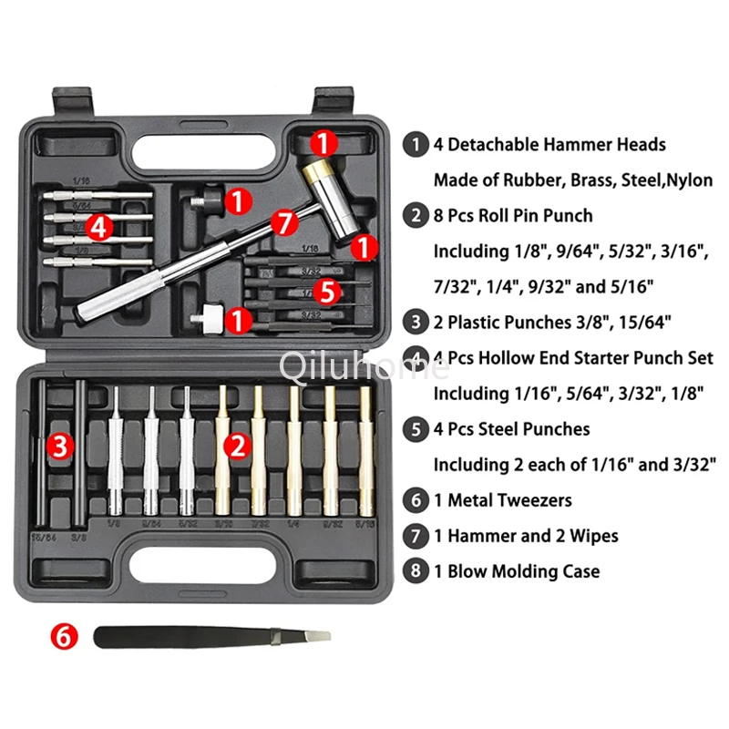 Professional firearm forging punch tool Hand-held tool kit Firearm repair 21 roller pin punch sets double-sided copper hammer