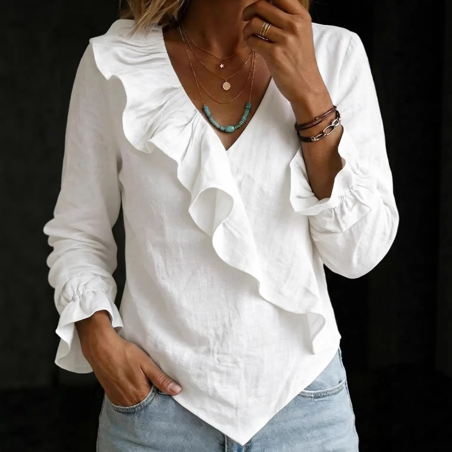 2026 New Women's Long Sleeve Solid Color V Neck Ruffle Trim Irregular Hem Blouse Elegant Commuter Versatile Daily Casual Shirt