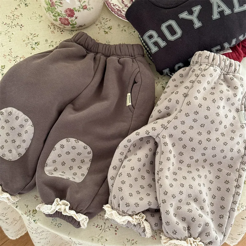 Kids Floral Print Patch Sweatpants Fleece Lined Elastic Waist Lace Cuff Loose Harem Pants Toddler Girls Casual Warm Trousers