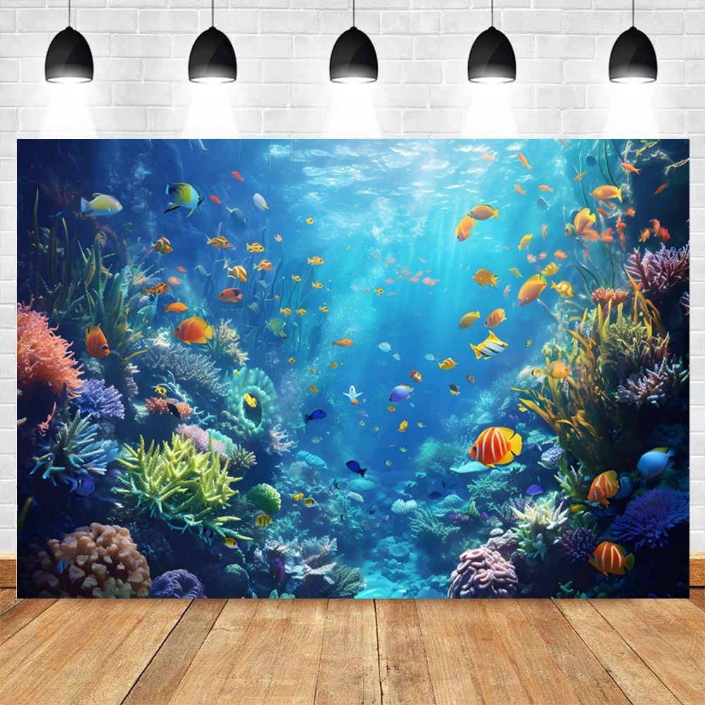 Underwater World Seabed Theme Photography Backdrop Ocean Undersea Sunlight Deep Blue Water Sun Ray Fish Tank Decor Background