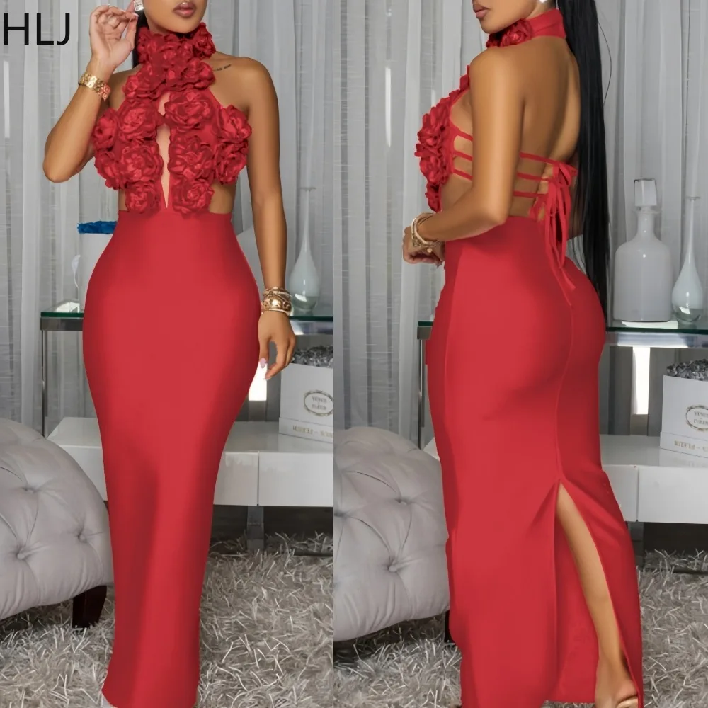 

HLJ Sexy Flower Patchwork Hollow Out Bodycon Long Dresses Women Halter Sleeveless Backless Dress Female Party Clubwear Vestidos