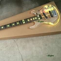 5 String Acrylic Electric Bass Guitar, Maple Neck Rosewood Fingerboard, LED Color Customizable, Colorful LEDs Acrylic Bass