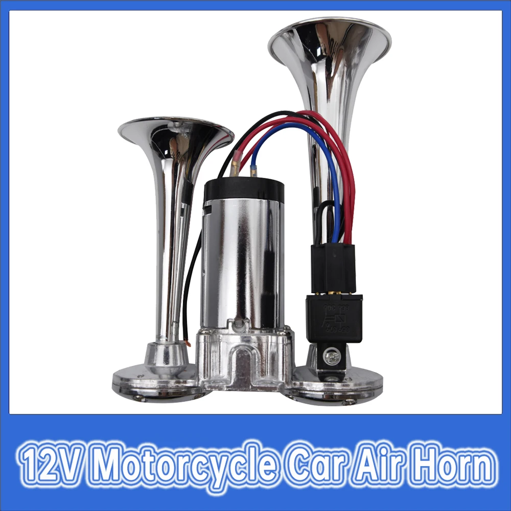 

12 В пневматический гудок, двойная труба, 110 дБ, супер громкий гудок, Электрический Соленоидный клапан, динамик для транспортного средства, автомобиля, внедорожника, грузовика, прицепа, лодки