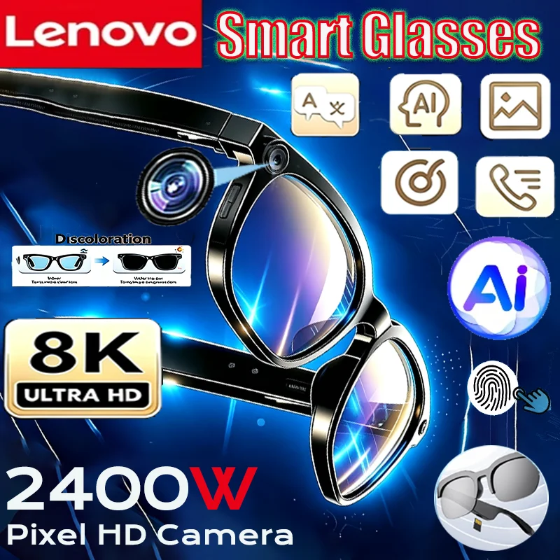Lenovo 2400MP 8K Smart Glasses AI Translation Insert Cards Recording Listening To Music Bluetooth Conversation Smart Sunglasses