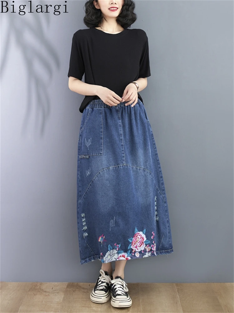 

Oversized Korea Fashion Summer Denim Letter Print A-line Skirt New Ladies Womens Casual Embroid Office Irregular Jear Skirts